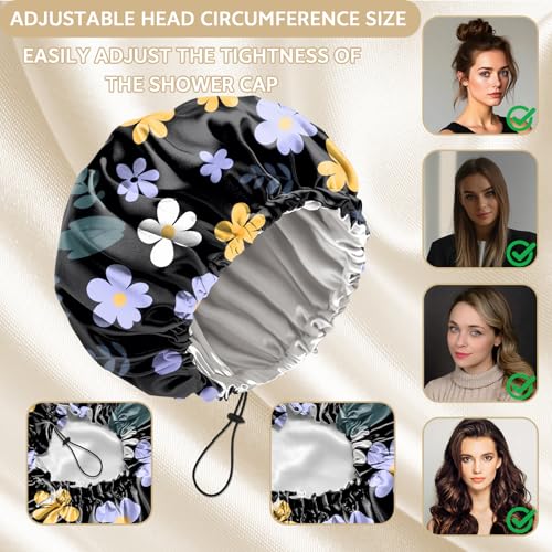 Shower Cap Adjustable Waterproof Double Layer Elastic Reusable Hair Bath Cap Cute Aesthetic for Women Girls-Purple Flower - color: R6-Purple Flower