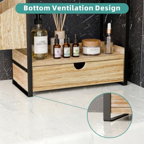 Kottwca 2-Tier Bathroom Counter Organizer with Drawer, Basket & Hooks, Wooden Vanity Shelf for Skincare, Perfume & Makeup Storage(Light Brown) - color: Light Brown