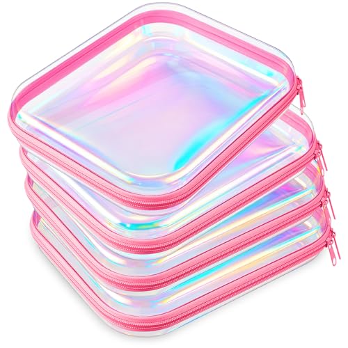 Hoolerry 4 Pcs Hard Clear Zipper Case Makeup Bags Plastic Zipper Pouch Transparent Storage Box Containers for Cosmetics, Snacks, Building Blocks, Puzzles(Clear,9.8 x 7.9 x 2 in,Pink Laser) - color: Pink Laser, size: 9.8 x 7.9 x 2 in