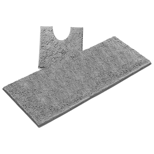 LuxUrux 2-Piece Bathroom Rug Set – Plush Chenille Runner & U-Shaped Toilet Mat, Soft, Absorbent & Non-Slip Design (20x20 U & 27x47 inches, Light Grey) - color: Light Grey, size: 2 Piece Set - X Large
