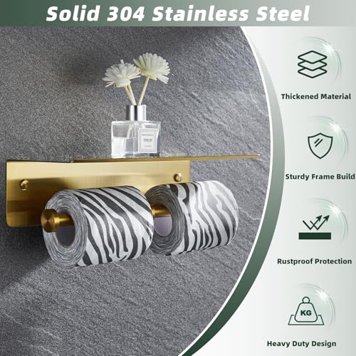 APLusee Brushed Gold Double Toilet Paper Holder with Shelf, Heavy Duty 304 Stainless Steel Tissue Roll Holder, Commercial Paper Dispenser Wall Mounted - color: Brushed Gold, size: Double Rod