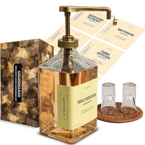 eBun Gold Mouthwash Dispenser Set, 37oz Glass Bottle with Pump & Cups | Large capacity pump dispenser for bathroom. Includes glass mouth wash bottle & matching cups for stylish daily oral care - color: Gold