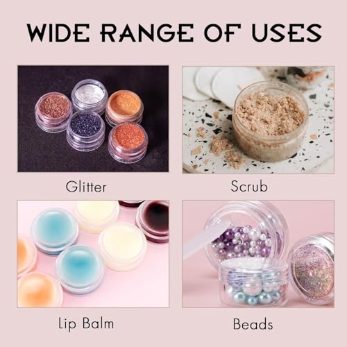 50 Count 5 Gram Sample Containers, Clear Lip Balm Containers with Lids, Small Plastic Sample Jars with 4 Mini Spoons, 50pcs Labels (Clear Lid) - color: Clear, size: 50 Count