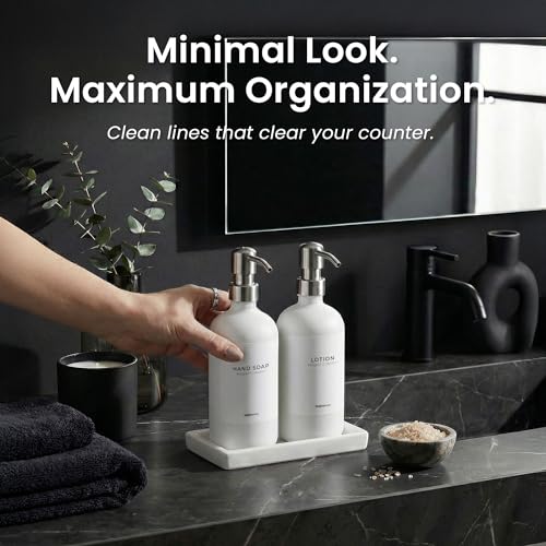 MaisoNovo Soap and Lotion Dispenser Set - Bathroom Soap Dispenser Set with White Soap Dispenser, Silver Pumps & Ceramic Tray - color: White Bottles/ Silver Pumps/ White Ceramic Tray