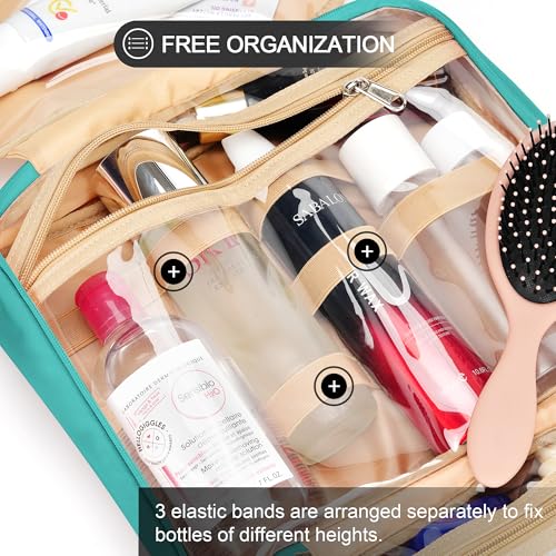 COOSKY Travel Hanging Toiletry Bag for Women, Large Makeup Bag 8 Leak Proofing Silicone Bottle Covers, Waterproof Cosmetic Bag with Jewelry Organizer Compartment, Toiletries Kit Set, Blue - color: Blue, size: Large*1 + Leak Proofing Bottle Covers*8