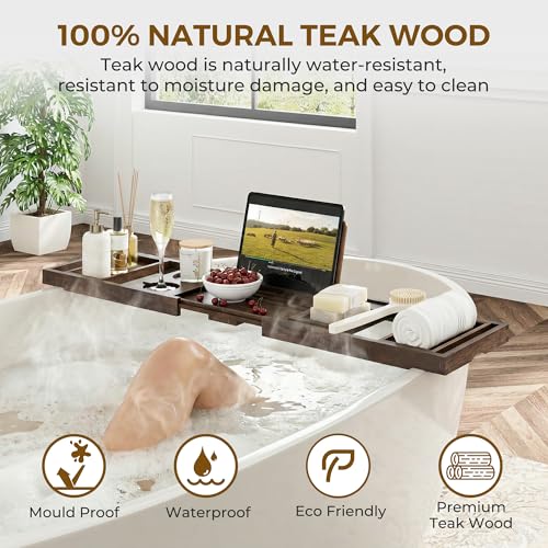 Venusmiles Teak Bathtub Tray Caddy, Foldable Bath Tray with Expandable Handles, Wine Glass and Phone Holders, Book Stand, for Home Spa Relaxation, Luxury Bathroom Accessories - Dark Walnut Color - color: Dark Walnut