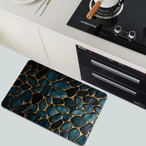 Diatomaceous Earth Bath Mat,Blue and Gold Stones Non-Slip Volume Super Absorbent Fast Drying for Bathroom Kitchen mat,Eco-Friendly Easy to Clean 17×27.5Inch (43 * 70cm) - color: Blue and Gold Stones, size: 1'5" x 2'4" (Rectangular)