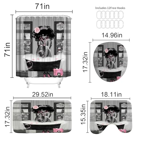 4Pcs African American Shower Curtain Sets with Rugs, Black Girl Shower Curtain for Bathroom Decor Sets with Paris Eiffel Tower Art Pattern, Grey Waterproof juego de baño, with 12 PCS Hooks - color: Grey