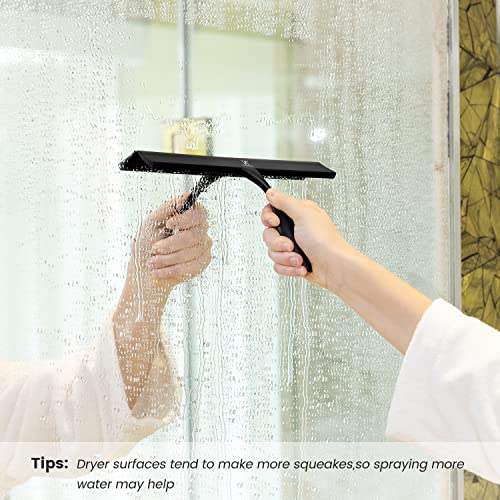 Shower Squeegee for Glass Doors, 11-Inch Silicone Squeegee with Non-Slip Handle and Adhesive Hook for Bathroom, Mirror, Tile, Car Window (Black) - color: Black