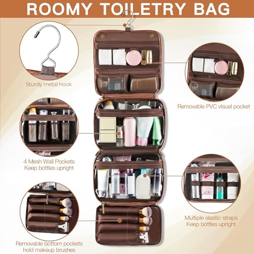 Elviros Hanging Toiletry Bag Removable Travel Bag PU leather Makeup Cosmetic Organizer Kit, Dark Brown | Removable Travel Organizer Bag for Cosmetics, Toiletries, Makeup Tools, and Daily Essentials with Easy Carry Design - color: Dark Brown, size: 1 Pack
