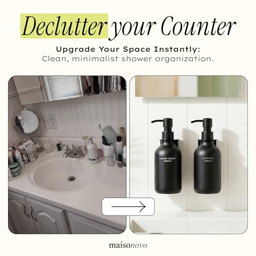 Shampoo and Conditioner Dispenser Wall Mounted Set of 2 Black - No Drill Shower Soap Dispenser for Bathroom Refillable - Spa Hotel Style Accessories by MaisoNovo - color: Black Set of 2