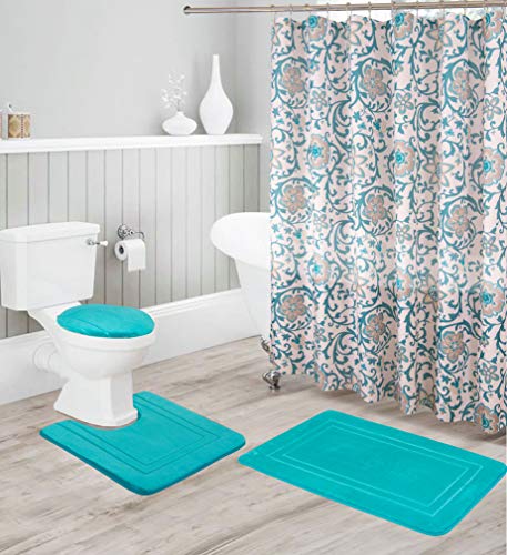 Bathroom Collection16 pc Turquoise Bathroom Accessory Set - Non-Slip Bath Mat, Non-Slip Contour Mat, Toilet Lid Cover and Waterproof Shower Curtain with Rustproof Metal Roller Hooks - color: Turquoise