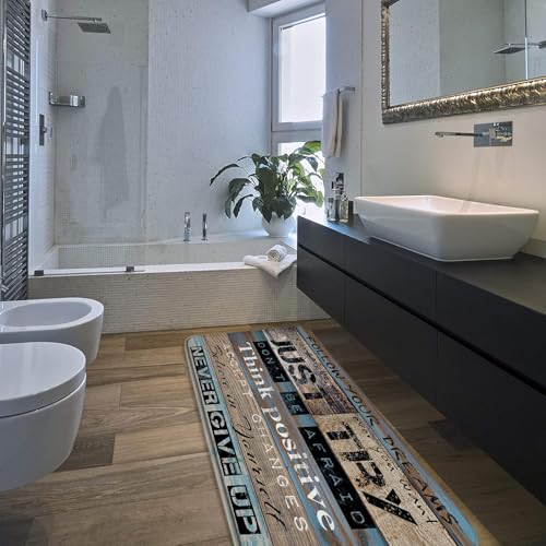 Inspirational Quote Bathroom Rugs Motivational Word Proverb Rustic Wooden Plank Blue Brown Vintage Barn Door Country Farmhouse Bath Mat Bedroom Kitchen Toilet Floor Doormat 24x47 - color: Brown, size: 24x47