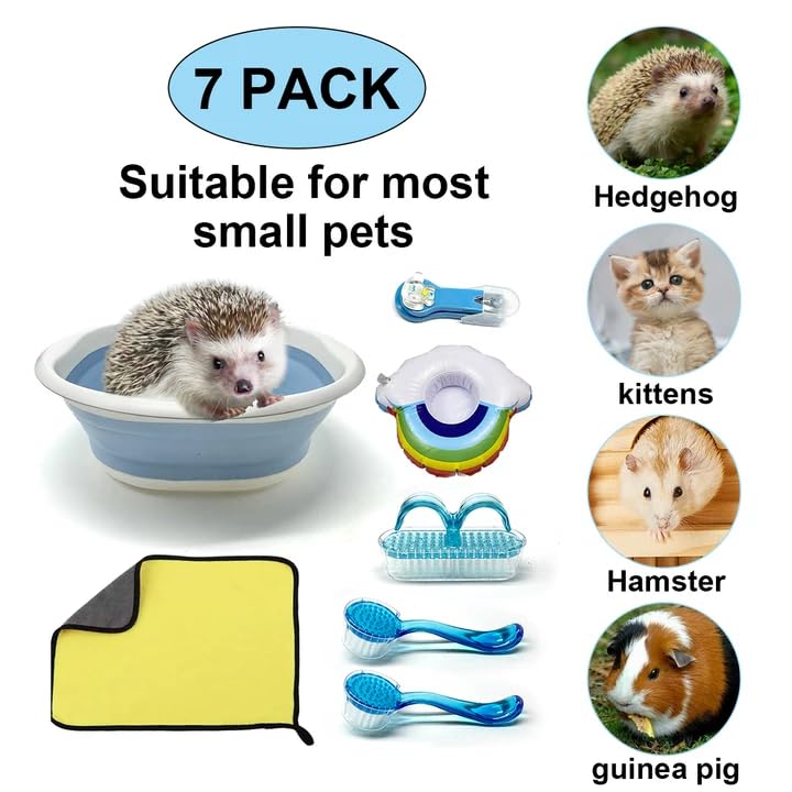 7 Pcs Hedgehog Bath Supplies Kit, Small Animal Bath Supplies Include Bathtub, Nail Clippers, Cleaning Brushes, Towel, Swim Ring for Pet Hamster Hedgehog Guinea Pig Rabbit Cat Kitten
