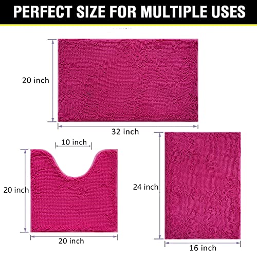 Bathroom Rugs Chenille 3-Piece Extra Soft and Absorbent Shag Bathroom Rugs, Machine Wash Mat, Strong PVC Non-Slip Underside, Plush Carpet Mats (Rose Red) - color: Rose Red, size: 2'8" x 1'8" (16x24"+20x32"+20x20"U shape）