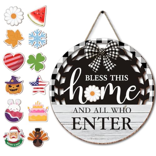 Seasonal Interchangeable Bless This Home Hanging Sign - Farmhouse Front Door Decoration for Spring All Seasons Holidays - Rustic Round Wood Wreaths with 12 Icons(White) - color: blesswhite