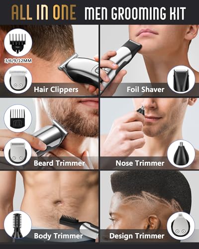 Ufree Beard Trimmer for Men, Waterproof Electric Razor, Grooming Kit | Stainless steel blades, six interchangeable heads, wet and dry use, USB rechargeable, for face body nose ear trimming, silver - color: Silver