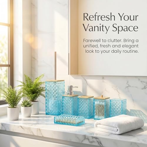 Light Blue Bathroom Accessory Set, 6 PCS Light Blue Bathroom Accessories Set, Soap Dispenser, Toothbrush Holder, Soap Dish, Mouthwash Cup, Cotton Swab Holder and Toilet Brush, Acrylic - color: Light Blue