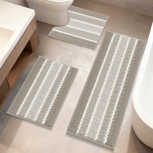 ArtyCozy Chenille Bathroom Rugs 3 Pieces, Extra Thick Absorbent Non Slip Bath Mats with U-Shaped Toilet Rug, Soft Plush Bath Floor Mat Machine Washable, Brown, 17"x24" Plus 20"x48" Plus 20"x24" - color: Brown, size: 17" × 24" + 20" × 48" + 20" × 24"