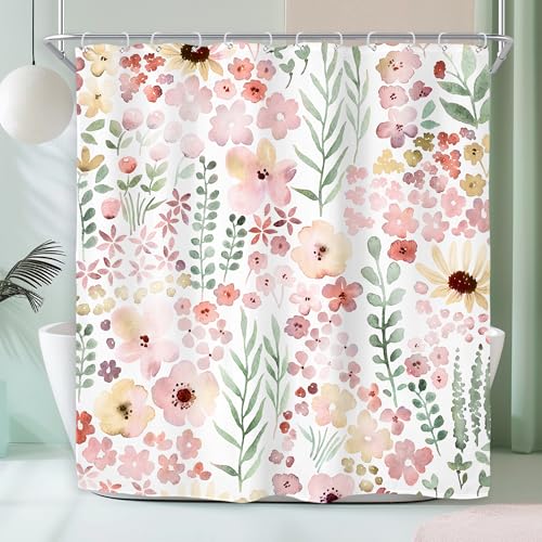 Riyidecor Cute Pink Green Floral Shower Curtain for Bathroom Decor 72Wx72H Spring Boho Kids Girls Girly Watercolor Wildflower Leaves Art Printed Fabric Polyester Waterproof 12 Pack Plastic Hooks - color: A-pink Green, size: 72"W x 72"L (Pack of 1)