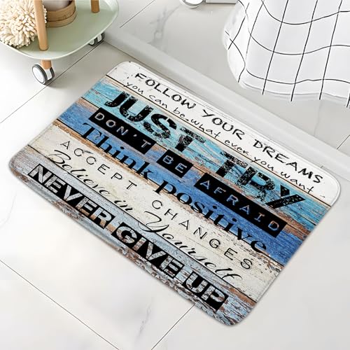 Inspirational Quote Bathroom Rugs Motivational Word Proverb Rustic Wooden Plank Blue Brown Vintage Barn Door Country Farmhouse Bath Mat Bedroom Kitchen Toilet Floor Doormat 17.8x29.5 - color: Grey, size: 17.8x29.5