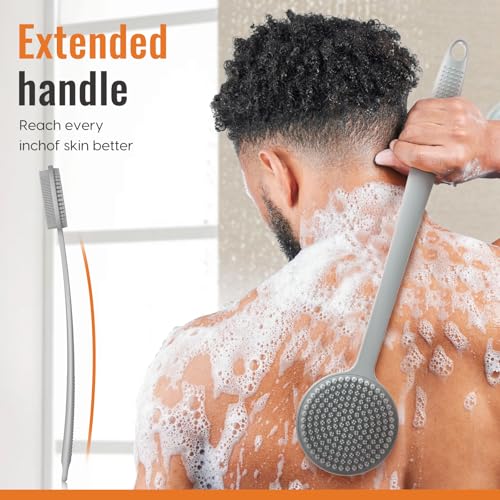 Silicone Back Scrubber for Shower, 17in Lengthen Long Handle Body Brush, Double Sided Shower Brush for Shower Exfoliating and Massage Can Produce Rich Foam, Long Handle Back Scrubber for Men - color: Black+gray