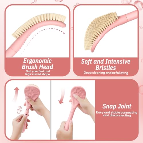 New Foot Brush with Extra-Long Handle, 3-in-1 Foot Scrubber for Wet or Dry Brushing, Adjustable 10.2’’- 27.5’’Foot Scrub Brush for Senior, Pregnant, Disabled, or Injured, Gift-Box Packed(Pink) - color: Pink