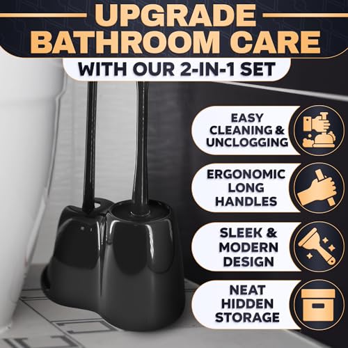 2-in-1 Black Toilet Brush and Plunger Set with Holder – Compact Bathroom Cleaning Combo, Strong Rubber Plunger & Stiff Bristle Brush, Space-Saving Stand, Fits Most Standard Toilets, 9.3×6.3×15.2 inch - color: Black