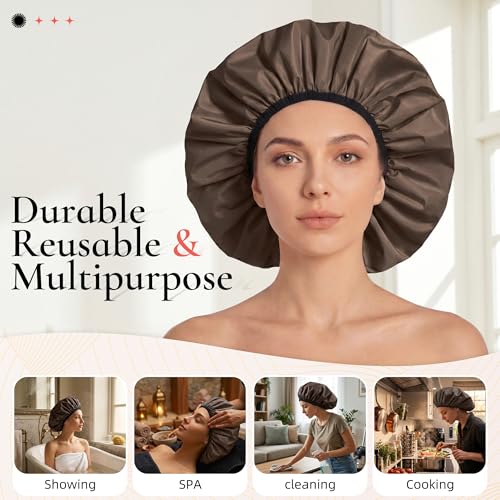 Extra Large Shower Cap for Women, Reusable Waterproof Shower Bonnet with Satin Lining, Double Layer Washable Bath Hair Cap for Braids, Locs, Long Thick Curly Hair, Natural Hair(Big Dark Coffee) - color: Dark Coffee