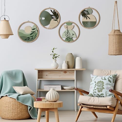 TOARTi 4 Pieces Green Botanical Wooden Wall Art Bohemian Hanging Art Farmhouse Geometric Wooden Wall Decor Aesthetic Tropical Plant Artwork Boho Minimalist Wall Decor for Bedroom Living Room - color: Boho Wooden Wall Art 2