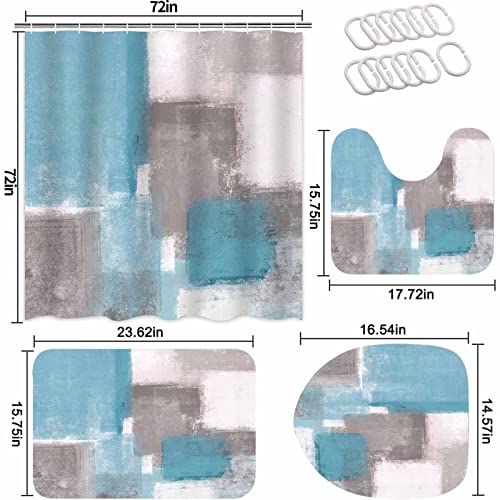 Lnond 4Pcs Bathroom Shower Curtain Sets with Rugs,Sky Blue and Grey White Abstract Painting Bathroom Sets with Shower Curtain and Rugs and Accessories - color: Sky Blue