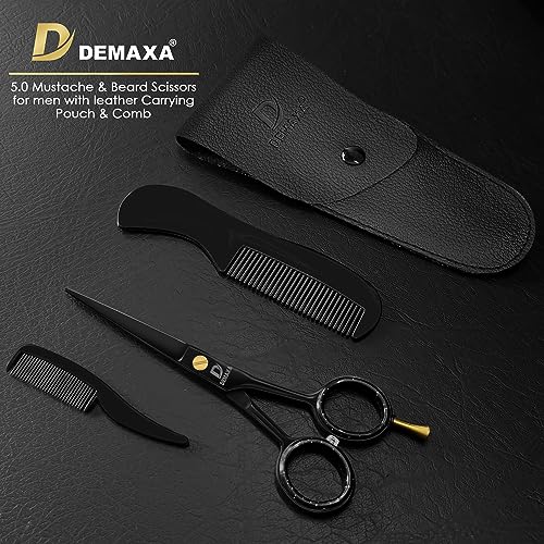 DEMAXA 5" Professional Mustache Scissors Beard Scissors for Men with Fine tip Tweezers 1 Mustache Comb 1 Beard Comb & Pouch – Beard Trimming kit & Mustache Kit (Black Shears With Tweezer) - color: 5" Professional Black With Tweezer