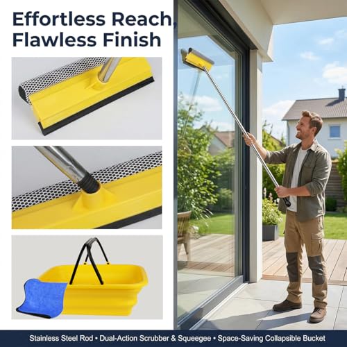 2 in 1 Car Window Squeegee and Collapsible Bucket Set,Long Handle,Yellow - color: Yellow