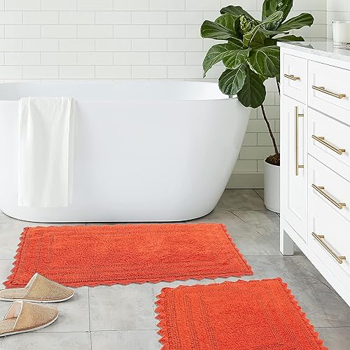 TreeWool 2-Pack Gorjeeus Collection Soft Reversible Bathroom Rug Cotton Bath Mat Set with Crochet Border - Rectangle (19" x 26"; Rust) - color: Rust