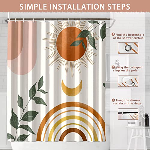 Mid Century Abstract Boho Orange Aesthetic Shower Curtain Set, Spring Summer Pink Green Nature Leaf Sun Modern Minimalist Home Bathroom Curtain Decor with 12 Hooks 72x72 Inches - color: Orange, size: 72"W x 72"L (Pack of 1)