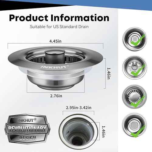 Upgraded 3 in 1 Kitchen Sink Drain Strainer - Stainless Steel Sink Stopper, Anti-Clogging Food Catcher Basket, Sink Bounce Core Drain Strainer Plug for US Standard 3 1/2 inch Drain (Dark Grey) - color: Dark Grey
