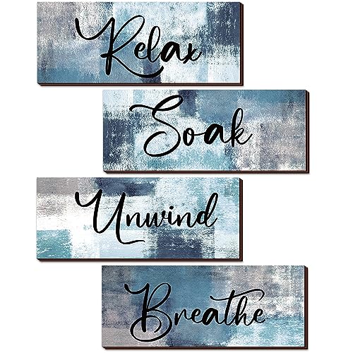 Maitys 4 Pcs Bathroom Wall Decor 10 x 4 Inch Bathroom Wall Art Contemporary Wood Restroom Pictures for Soak Unwind Relax Hanging Sign Spa Rustic Vintage Farmhouse Pediments(Blue, White) - color: Blue, White