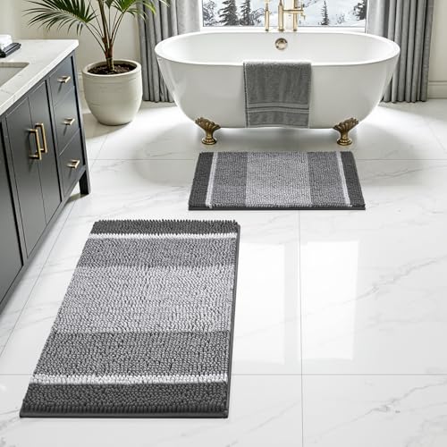 HOMEIDEAS Grey Bathroom Rugs Set of 2, Thick Absorbent Chenille Bath Mats, Non-Slip Soft Shaggy Rugs for Bathroom Floor, 20" x 32" & 17" x 24" - color: Grey