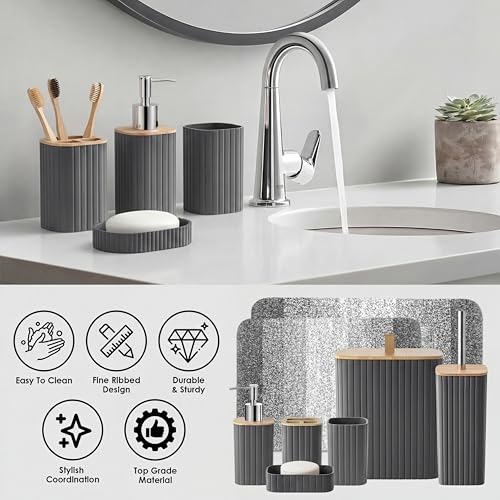 Bathroom Accessories Set - Bathroom Set with Shower Curtain and No Slip Rugs, Trash Can, Toilet Brush Holder Set, Soap Dispenser & Bath Towels - Stylish Bath Decor for Home, Apartment, Grey, 25PCS - color: Grey