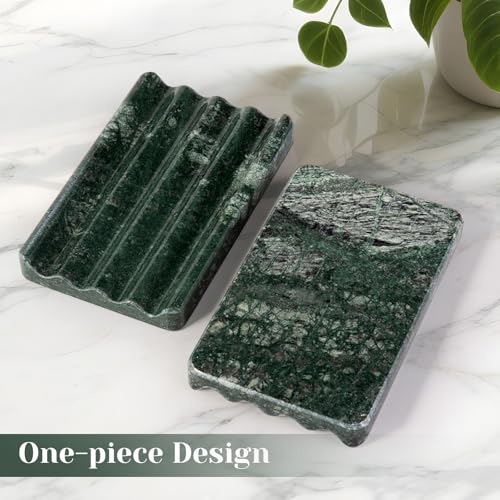 2PCS Koville Indian Natural Green Marble Soap Dish for Shower, Stone Soap Tray for Bathroom, Marble Bar Soap Holder for Sink, Stripe Grooves Soap Saver Sponge Holder - color: Verde Alpi