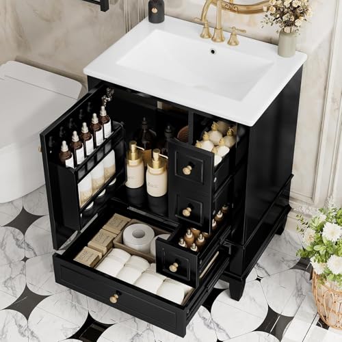 Linique 24" Bathroom Vanity with Sink Combo Set, Solid Wood Frame Bathroom Storage Cabinet with 3 Drawers, Soft Closing Door with Organizer, Black - color: Black, size: 24"/ Door with Organizer