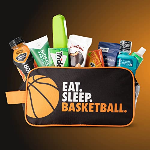 ChalkTalkSPORTS Basketball Toiletry Bag - Eat Sleep - Black & Orange | Polyester, Center Zipper, Side Handle, 11 x 6 x 5 Inches, Sports Camp Bag, Pencil Case, Dopp Kit, Basketball Gift - color: Eat Sleep Basketball