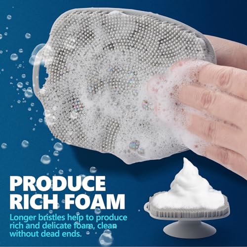 Soft Silicone Body Scrubber, Gentle Like a Hand Exfoliating Your Skin and Build Up Lather Easily, Back Large Suction Cup Easy to Store, Long-Lasting & Deep Clean (Gray) - color: Gray
