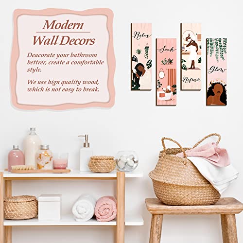 Yookeer 4 Pcs Black Girl Bathroom Wall Decor Pink Decor Boho Wall Art Print Black Women African American Wood Plaque Bathroom Hanging Decors for Home Spa Restroom Dressing Room