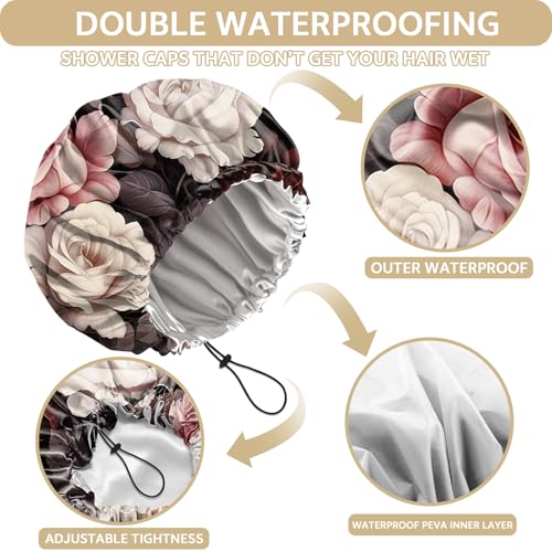 Shower Cap Adjustable Waterproof Double Layer Elastic Reusable Hair Bath Cap Cute Aesthetic for Women Girls-Rose - color: R8-Rose