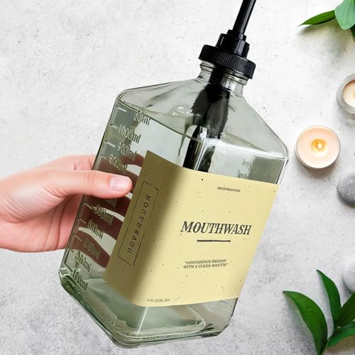 eBun Black Mouthwash Dispenser Set, 37oz Glass Bottle with Pump & Cups | Large capacity pump dispenser for bathroom. Includes glass mouth wash bottle & matching cups for stylish daily oral care - color: Black