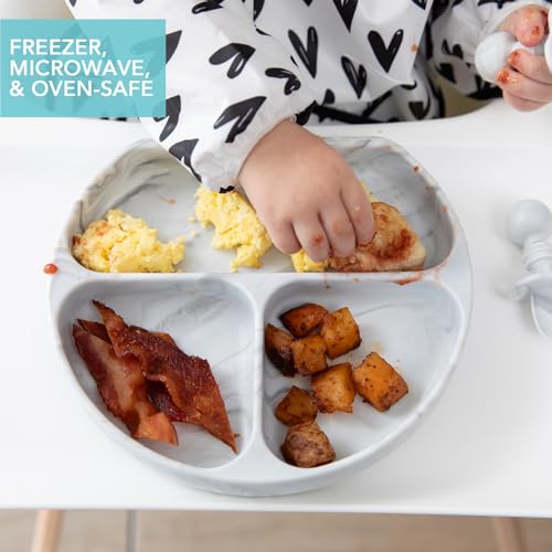 Bumkins Toddler and Baby Suction Plate, Divided Grip Dish for Babies and Kids, Baby Led Weaning, Feeding Supplies, Sticks to Tables and Highchairs, Platinum Silicone, for Chidren 6 Months, Marble - color: A4 Marble-GD