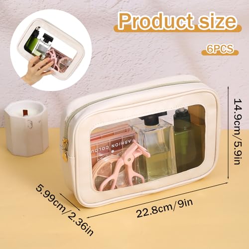 6 Pcs White Clear Makeup Bags with Zipper Car Cosmetic Bag PU and PVC Travel Toiletry Pouches for Women Gift, Valentine's Day Wedding Gift
