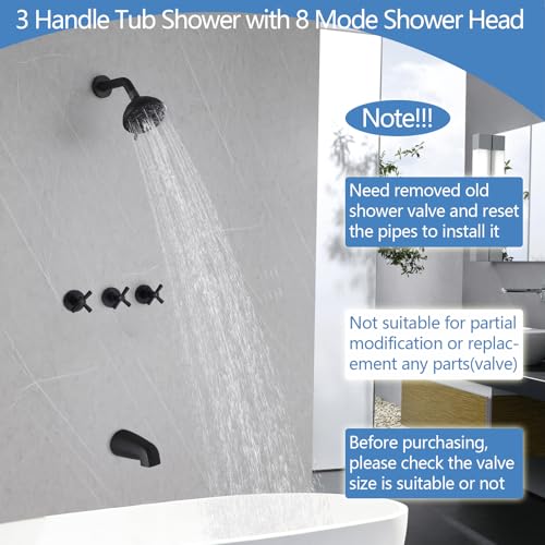 3 Handles Shower Faucet Set with Tub Spout Bathtub Shower Faucets Combo Set Shower System Complete Tub and Shower Trim Kit Shower Fixtures Matte Black - color: Matte Black, style: 3 Handles