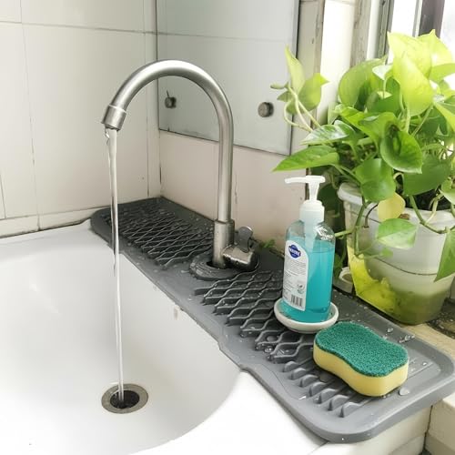 Silicone Faucet Handle Drip Catcher Beveled Drying Tray Mat Dish Soap Sponge Holder Accessories Gadgets for Kitchen Counter Bathroom Kitchen Sink Splash Guard (24") - size: 24" x 5.7"